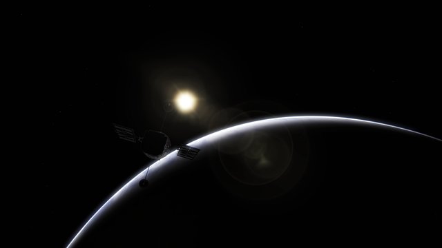 Hubble and the sunrise over Earth (artist's rendering)